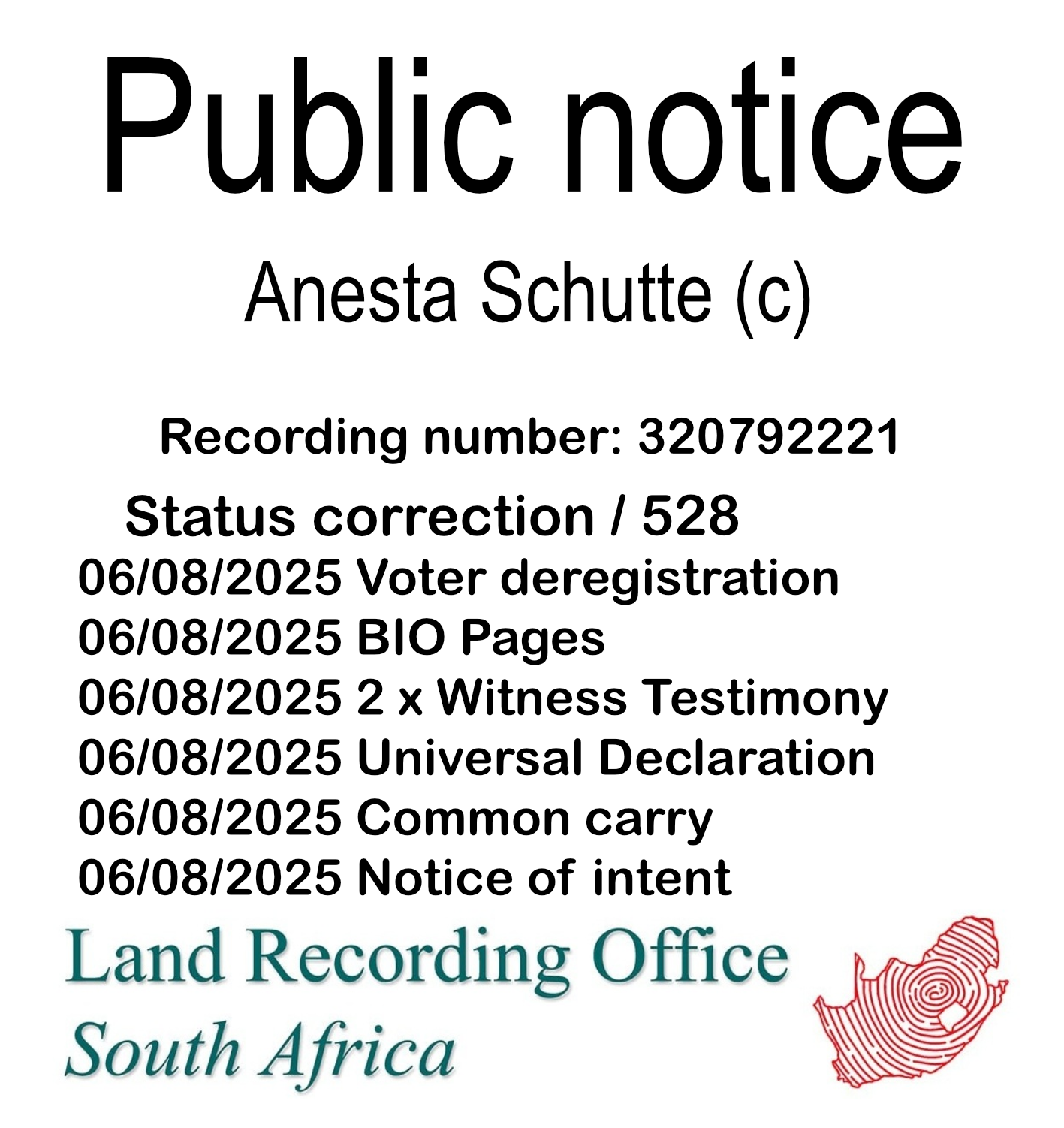 Public notice Anesta Schutte (c) Recording number 320792221